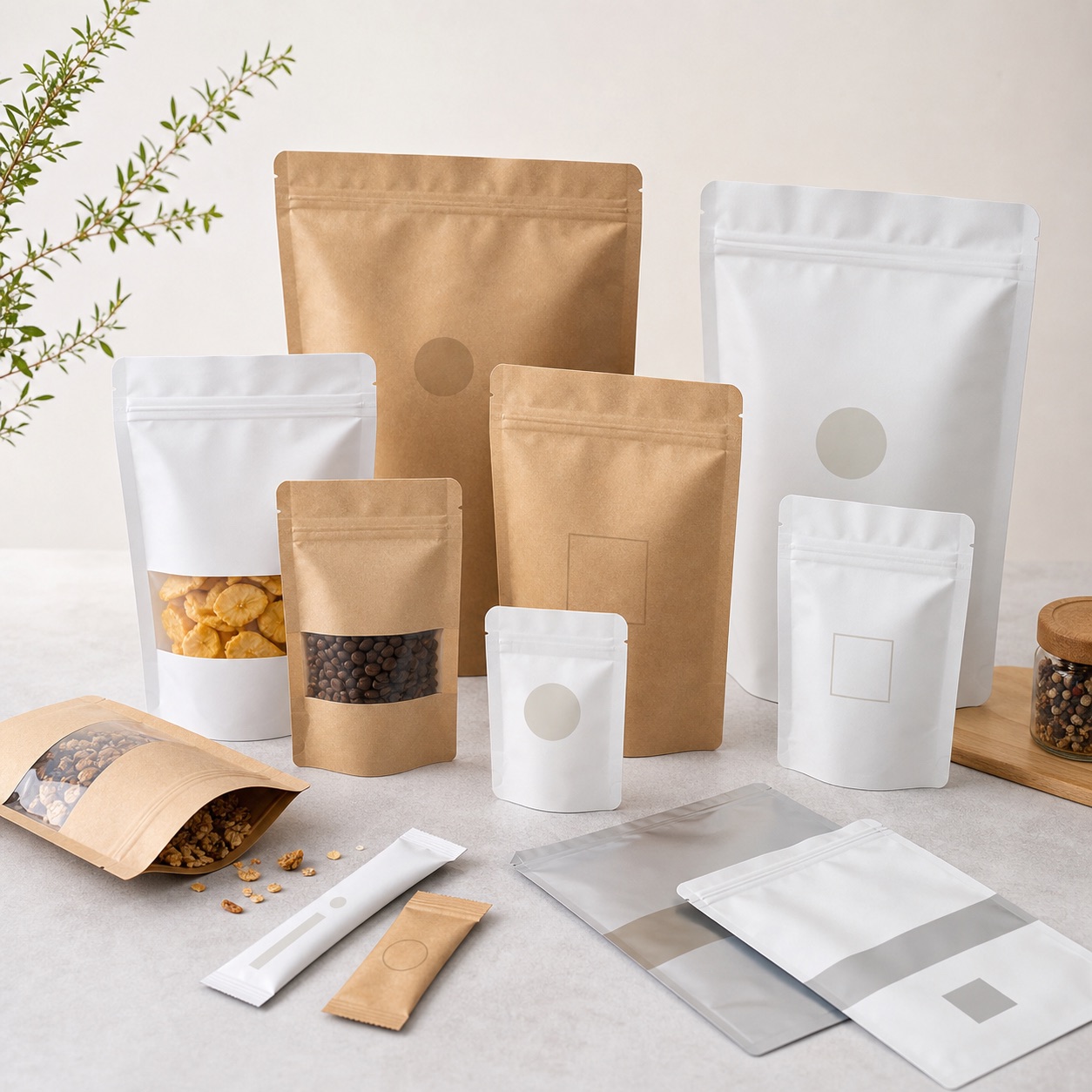 Food packaging pouches and kraft zipper bags